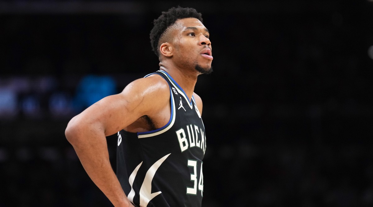 Bucks forward Giannis Antetokounmpo (34) looks on during the second half of a game against the Suns.